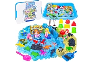 Bloolilies Ocean Sensory Bin, Mermaid Play Sand Kits Sensory Playsand for Boys Girls Ages 3 4 5 6 7 8 Gifts, 57 Pcs Mermaid Sensory Sand Kit Toys Castle Sea Animal Molds Sandbox Toys Gift