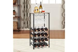 NANANARDOSO Wine Rack Table, FreeStanding Wine Bar Rack, Wine Bar Cabinet with GlassBottle Holder, Metal and Wood Industrial Wine Storage for Home, Floor Liquor Wine Rack Shelf for Kitchen Dining Room