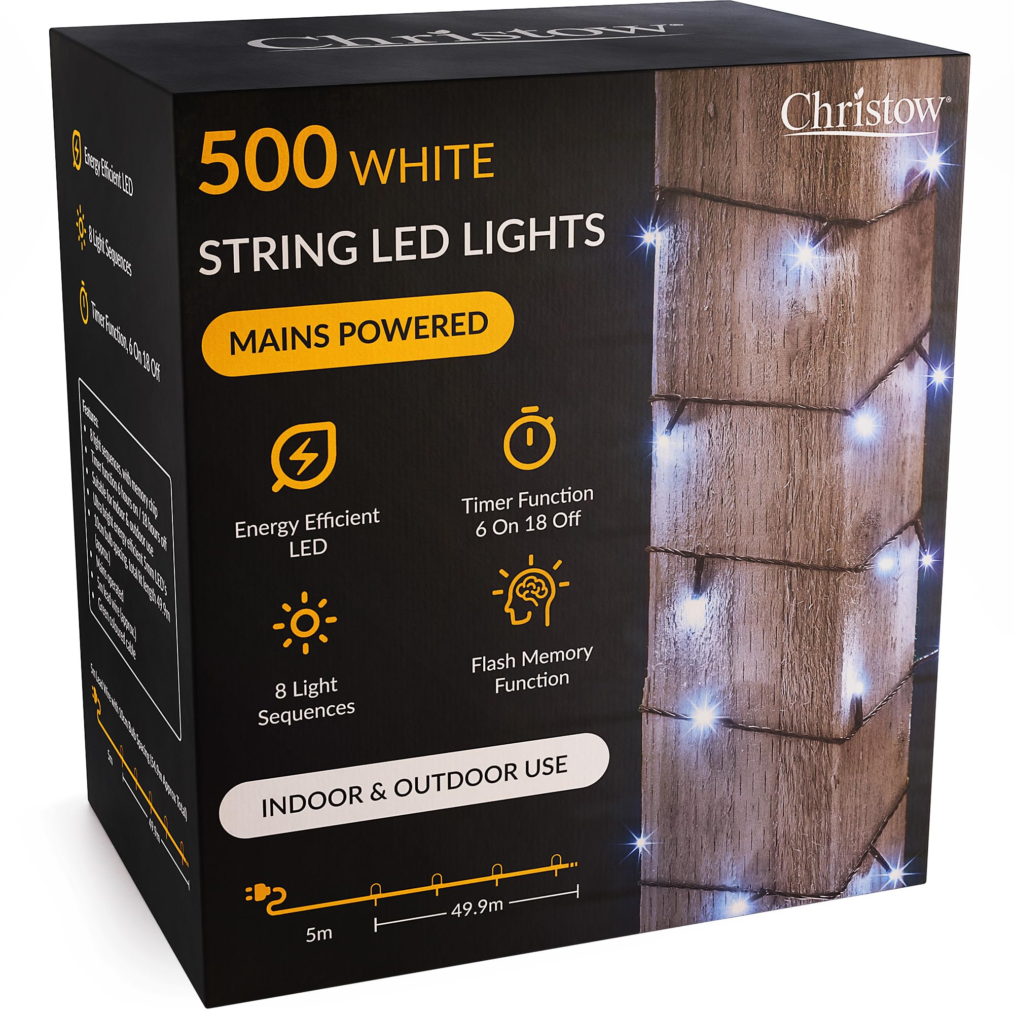 CHRISTOW Christmas Fairy Lights, White LED String Lighting with Timer, Indoor & Outdoor, Tree Lights, Mains Operated, 8 Light Modes Flashing & Static, Green Cable (500 LED / 50m Lit Length)