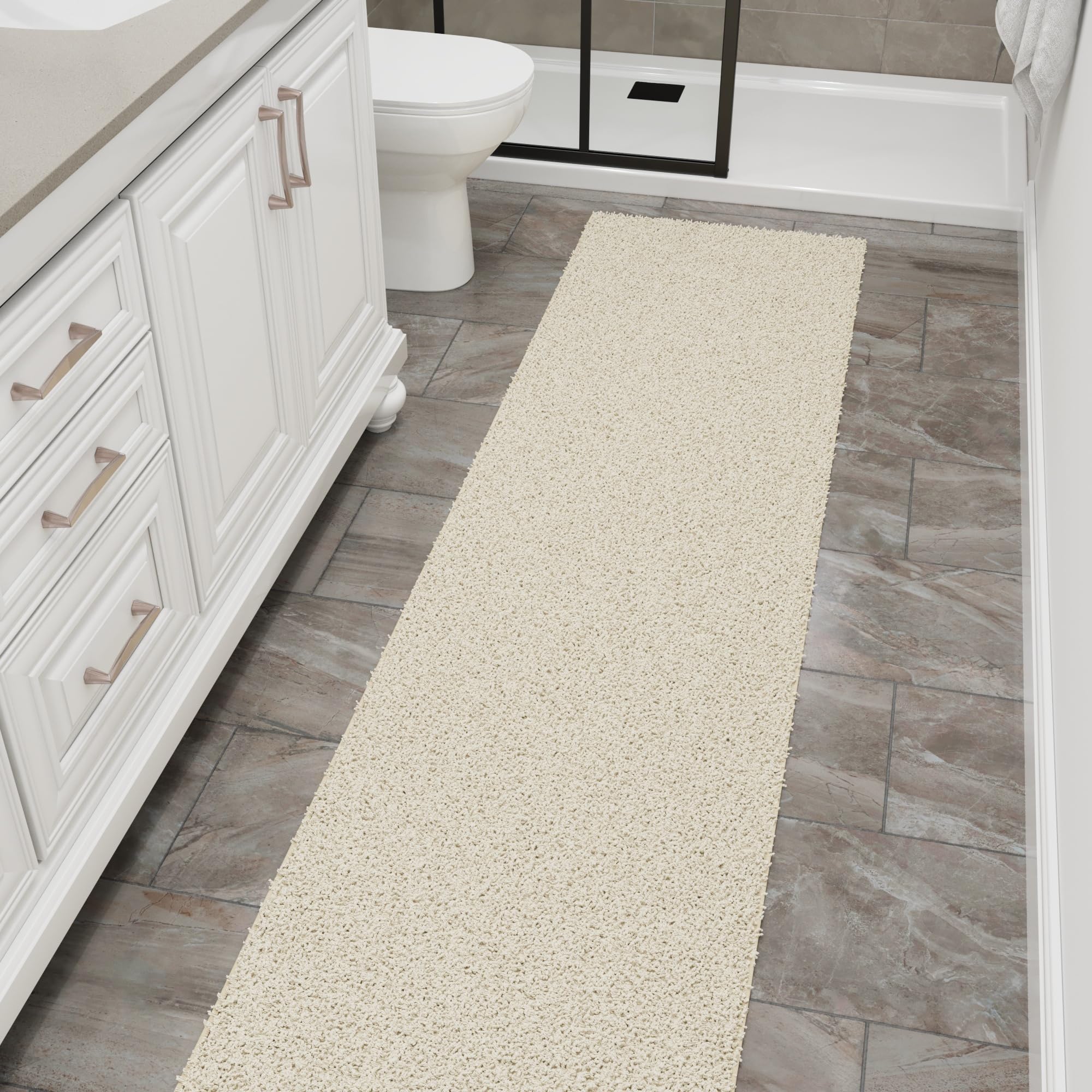 Ottomanson 2' x 14' Shaggy Runner Rug - Plush & Cozy Non-Slip Carpet for Bedroom, Living Room, Bathroom & Entryway - Durable & High-Traffic Friendly for Hallways & Dorms, Cream Image