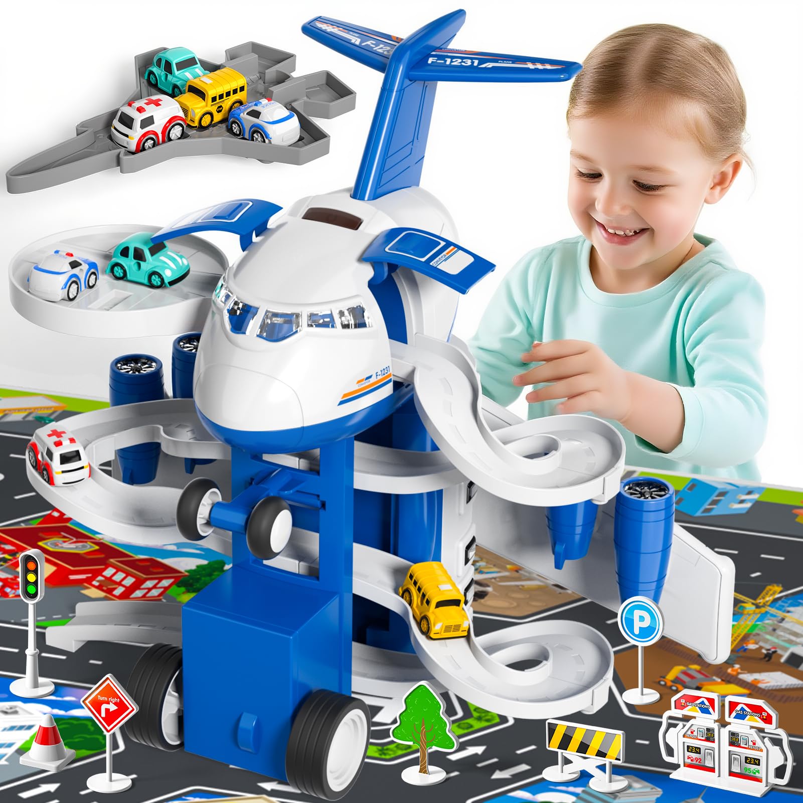 BLmukce Airplane Toy, Kids Race Track Car with Unique Spray Effect, Lights & Music, Friction Powered Wheel - Fun Educational Play Set for Boys and Girls Ages 3 4 5 6 Years Old (Blue)