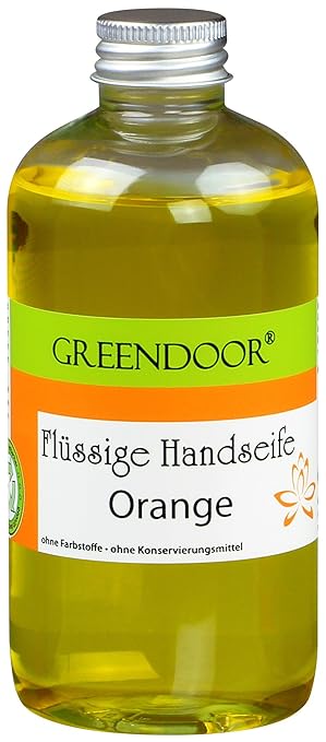 Greendoor Flüssigseife ORANGE Nachfüller 250ml, Naturkosmetik biologisch abbaubar, vegan aus Bio Kokosöl, ohne Parabene, hand