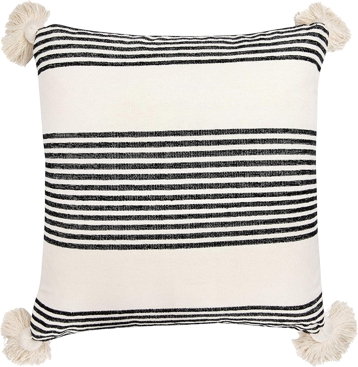 Creative Co-Op Cream Cotton & Chenille Black Stripes & Tassels Pillows