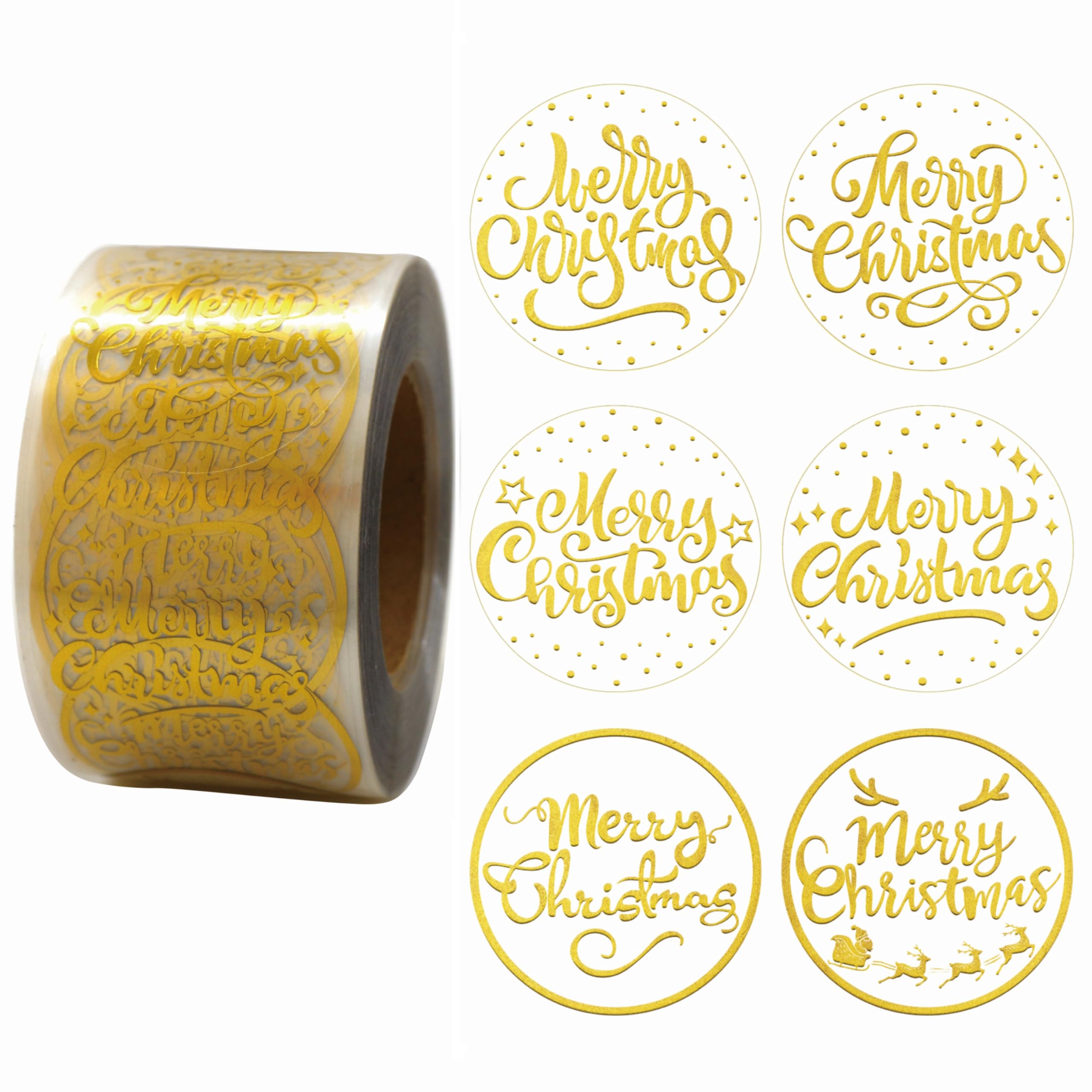 Masper Christmas Stickers, 3.8 cm, 600 Sheets, 6 Waterproof Transparent Gold Foil Shiny Designs, Merry Christmas Stickers for Xmas Decorations Cards Crafts Envelopes Wrapping — image 1