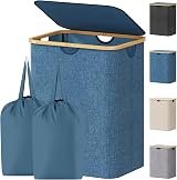 Lifewit 100L Laundry Basket with Lid Bamboo Handles Removable Bag Blue