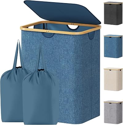Lifewit 100L Laundry Basket with Lid Bamboo Handles Removable Bag Blue