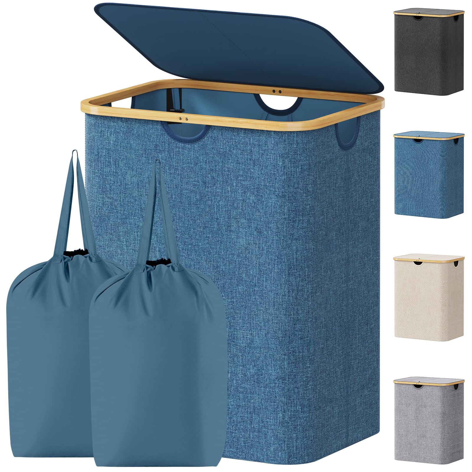 Lifewit 120L Laundry Basket with Lid, Double Dirty Clothes Bin with Bamboo Handles and 2 Removable Bags, Large Foldable Washing Basket for Bedroom, Bathroom, Dorm, Laundry Room, Blue