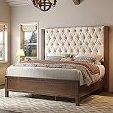 Jocisland King Size Solid Wood Bed Frame,57" Wingback Headboard,Walnut | Farmhouse Platform Beds, Linen Upholstered King Bed Frame, Deep Button Tufted, No Box Spring Needed, Easy Assembly