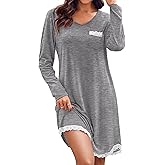 Ekouaer Womens Long Sleeve Nightgowns V Neck Sleepshirts Lace Nightshirts Casual T-shirt Sleep Dress with Pocket
