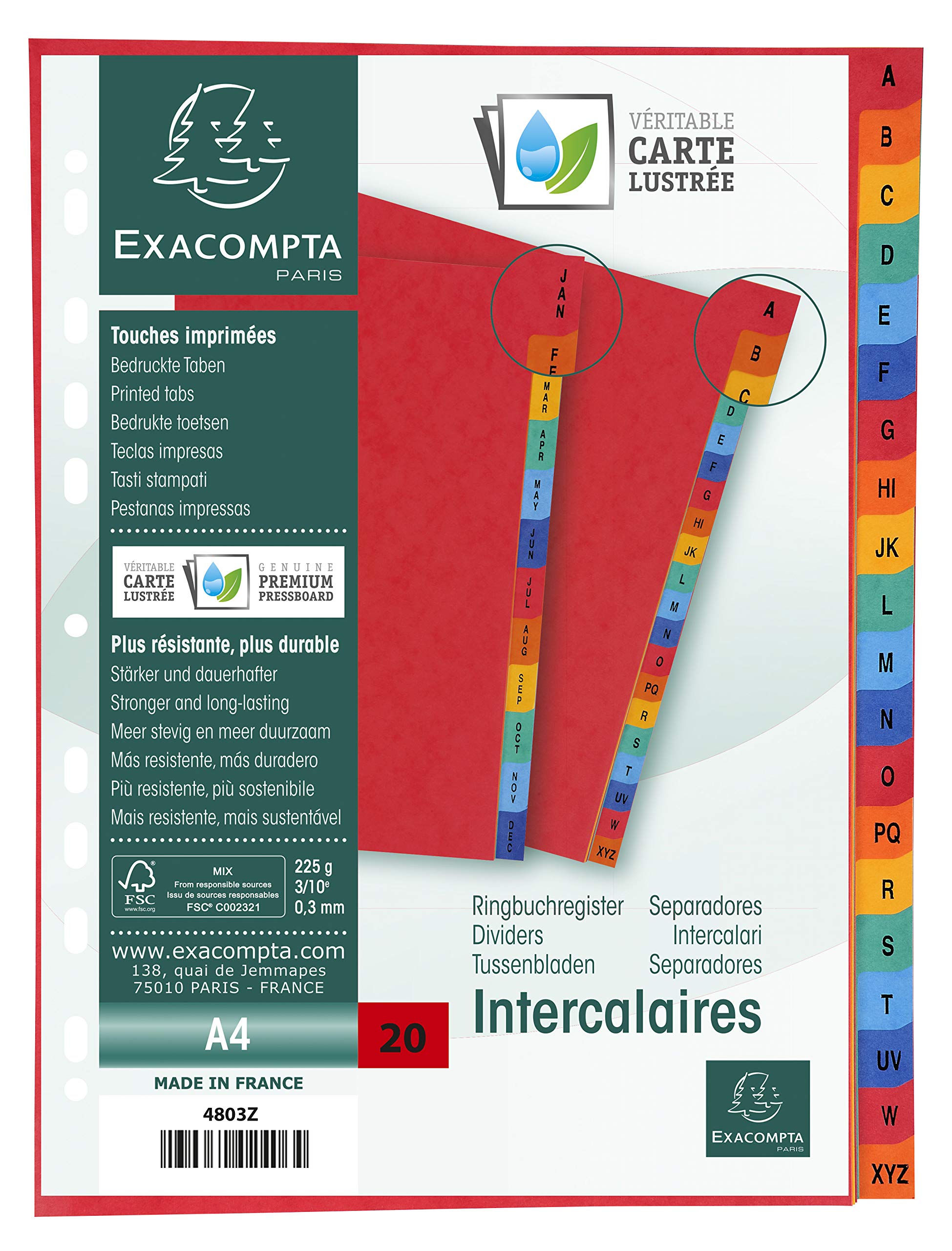 Exacompta - Ref 4803Z - Europa Collection - Printed Indices - Suitable for Use With A4 Documents, 225gsm Premium Pressboard, 20 Parts (A-Z) - Multicoloured