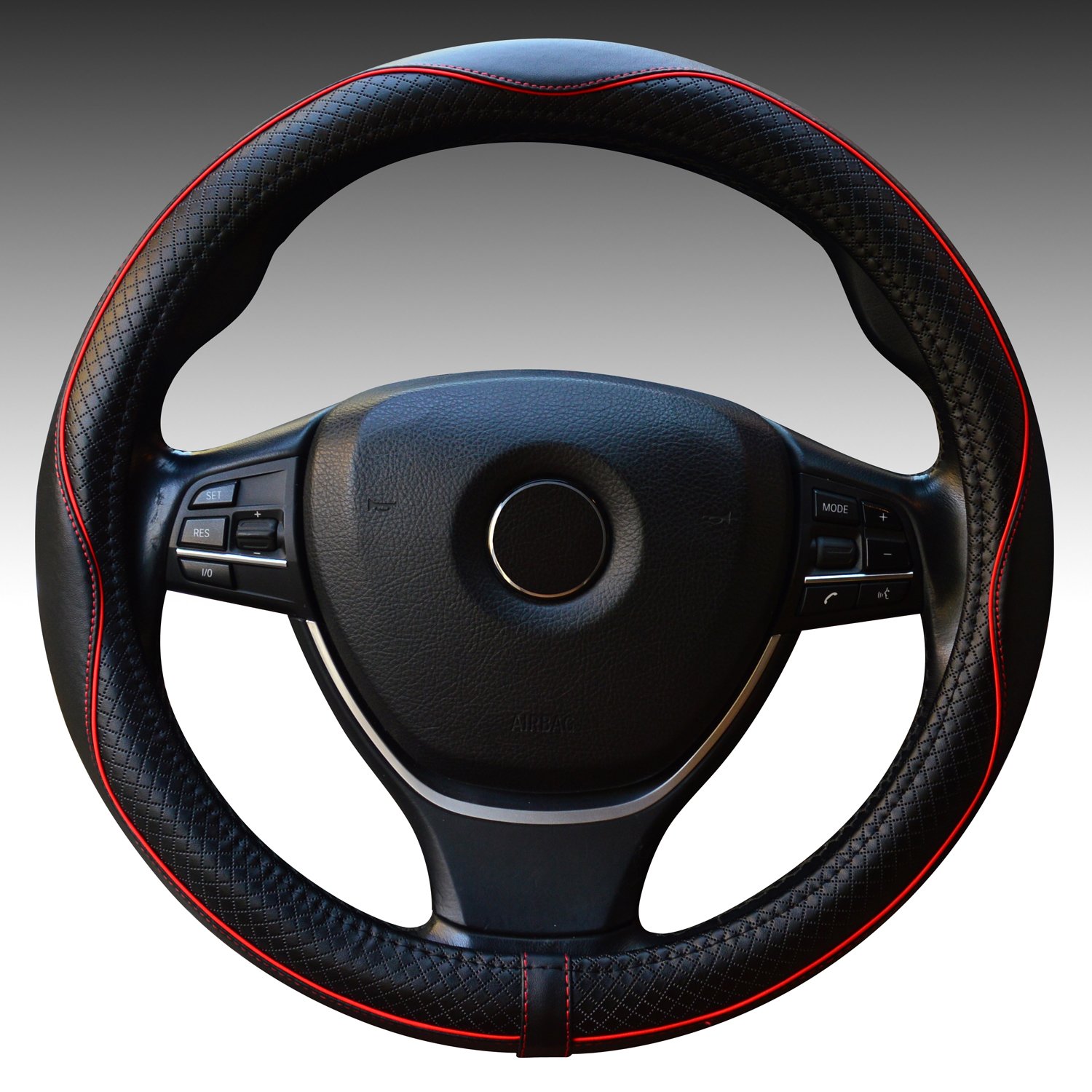 Car Steering Wheel Cover Genuine Leather Universal 15 Inch - Red Stitching is Subtle and Nice for Car/Truck/Van/SUV (Black&Red)