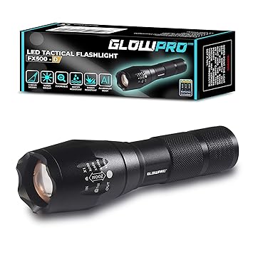 GlowPro LED Tactical Flashlight FX500 - D | Super Bright Torch with 5 Light Modes, Aluminium Body, Zoomable Focus, IP65 for Camping, Hiking and Emergency | with AAA Batteries & Holster | Black