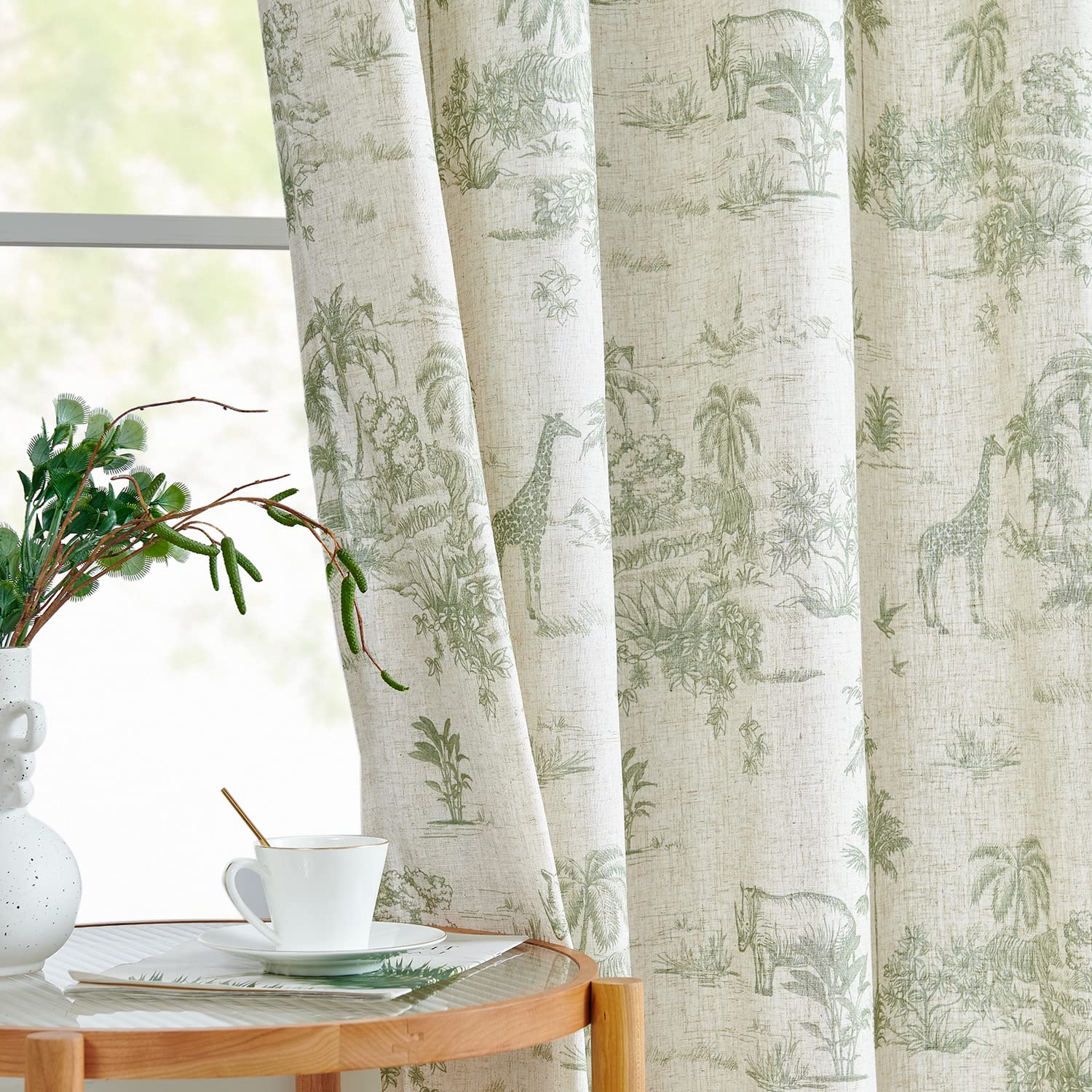 Photo 1 of JINCHAN Linen Toile Curtains 96 Inches Long for Living Room Toile de Jouy Floral Printed Farmhouse French Country Curtains Grommet Top Light Filtering Window Drapes for Bedroom 2 Panels Green on Beige