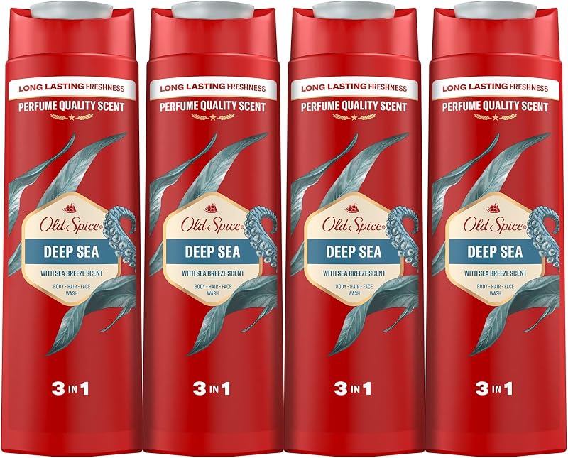 Deep Sea Gel De Ducha Y Champú Para Hombres 4x400ml, Gel Para Cara, Cuerpo Y Pelo 3 En 1 Multiusos, Frescura Duradera, Fragancia Excepcional, Limpieza Profunda