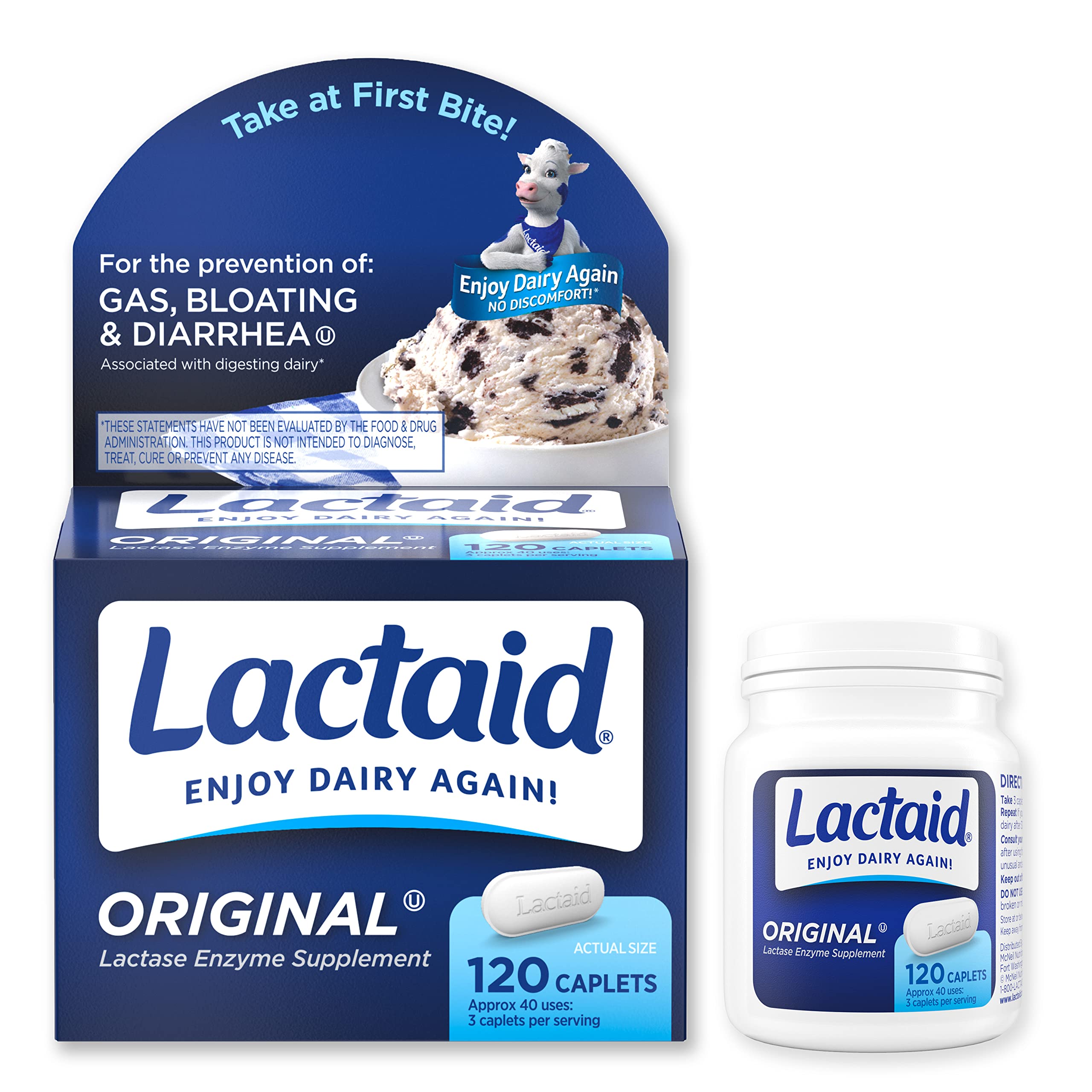 Lactaid Original Strength Lactose Intolerance Pills, 9000 FCC Natural Lactase Enzyme Dairy Relief Caplets, Helps Prevent Gas, Bloating & Diarrhea Due to Lactose Sensitivity in Adults & Kids, 120 Count