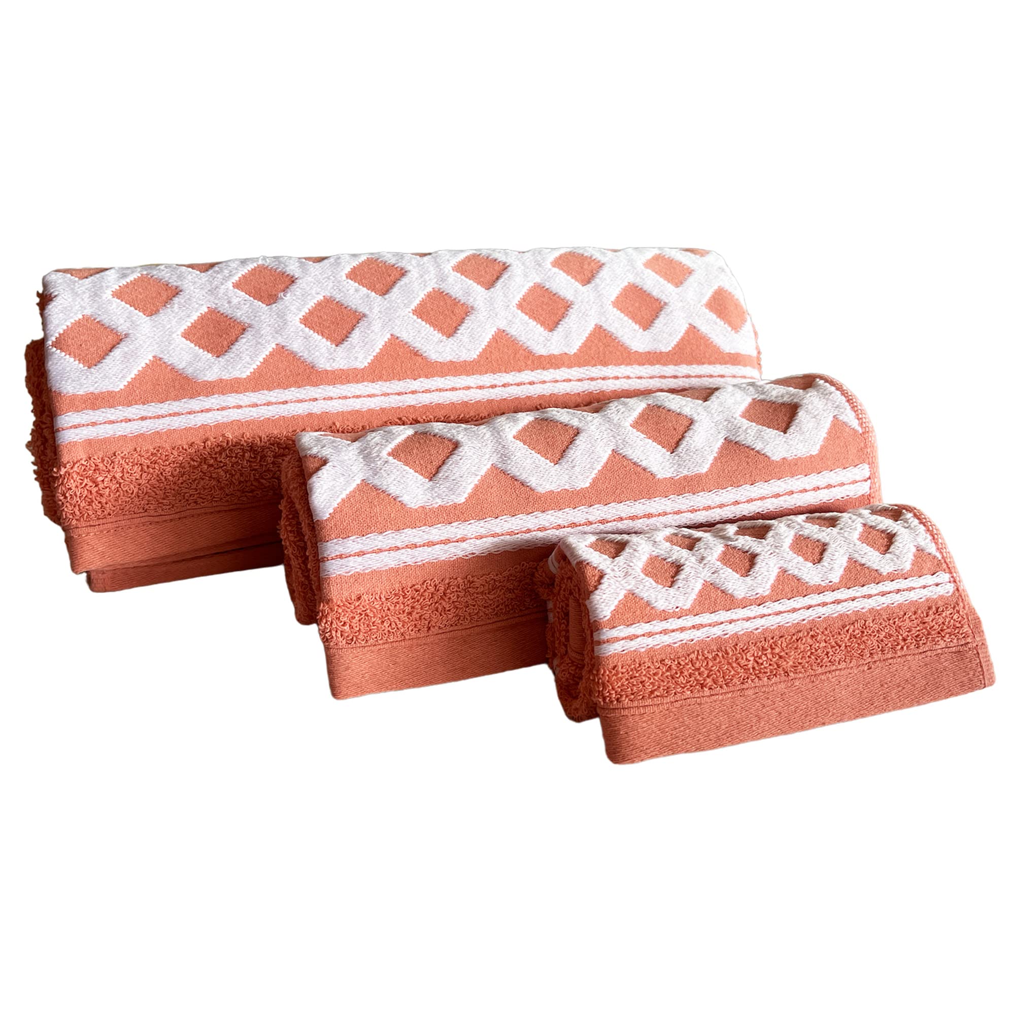 WELL HOME MOBILIARIO & DECORACIÓN Set of 3 Terry Cotton Bath Towels 450 GR/M2, 50 x 30; 100 x 50; 150 x 100 cm, Coral Colour Diamond Collection, WH0554