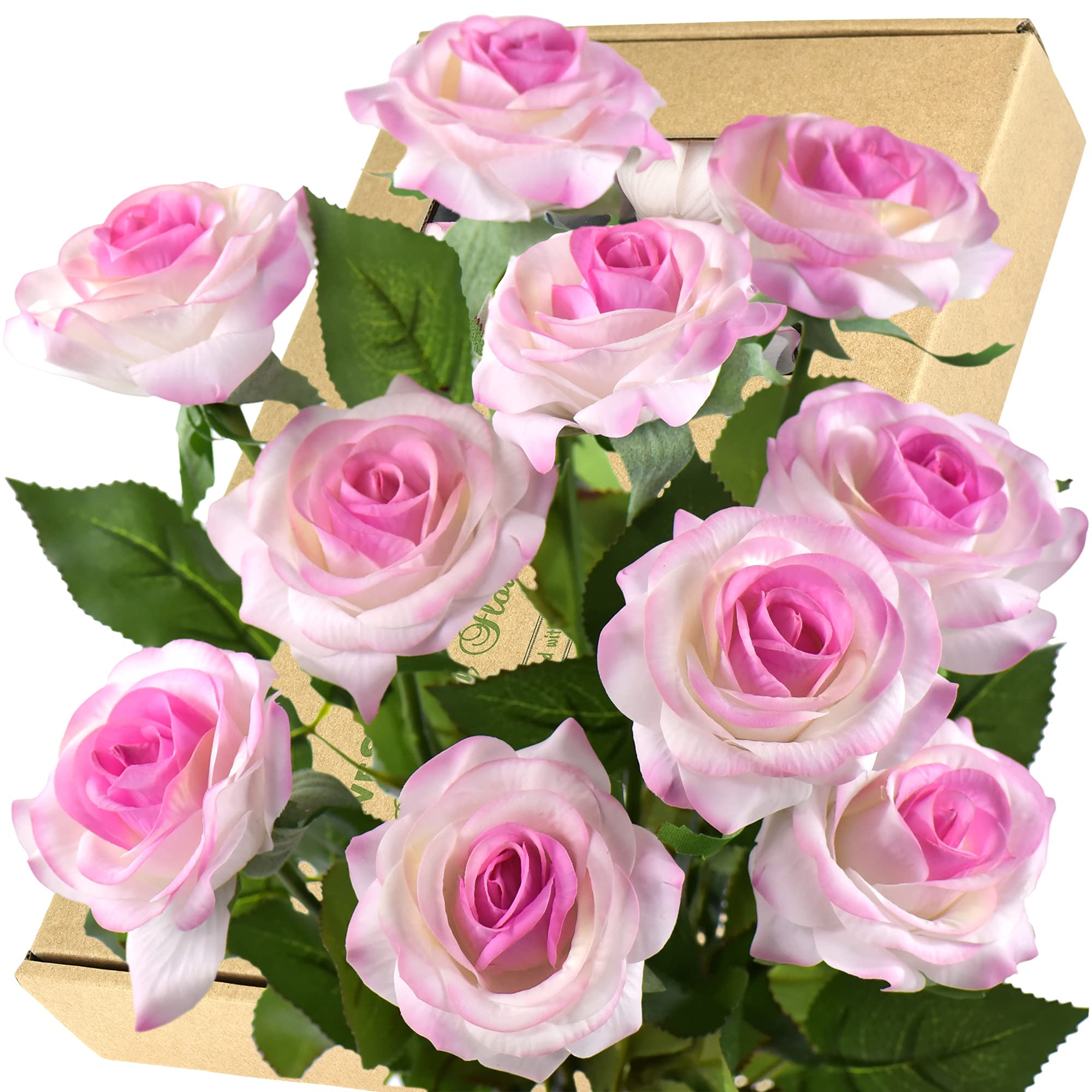 FiveSeasonStuff 10 Stems Real Touch Roses Artificial Flower Silk Roses ‘Petals Feel and Look like Fresh Roses' Bouquet of Flowers Floral Arrangements (White with Purple Edge #11) — image 1
