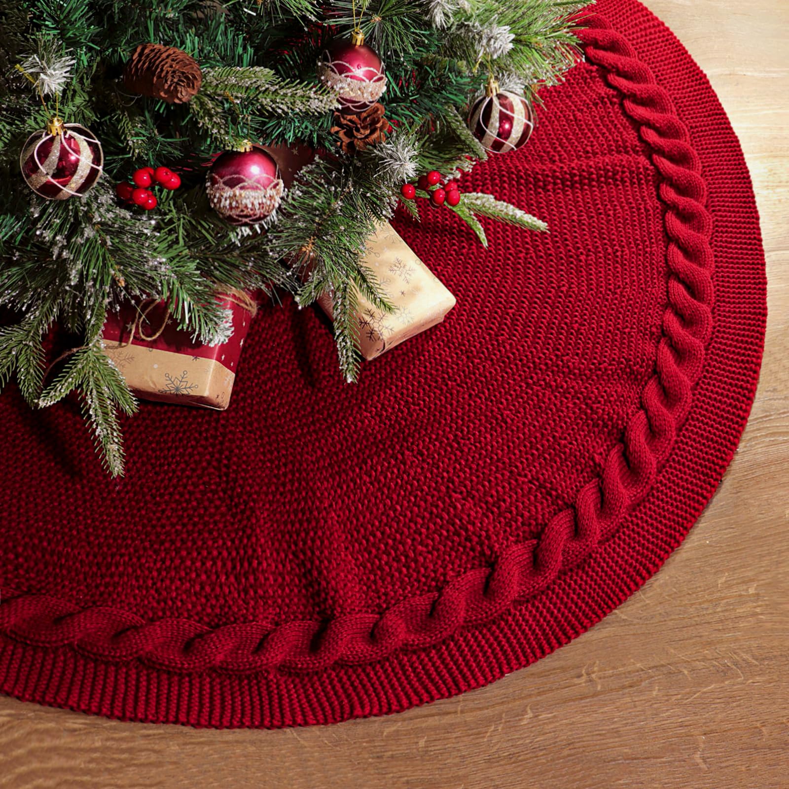 Photo 1 of 48 Inch Christmas Tree Skirt: Cable Knit Tree Skirt for 7.5FT Tree, Wine Red Tree Skirt, Vintage Tree Skirts, Rustic Farmhouse Christmas Decorations