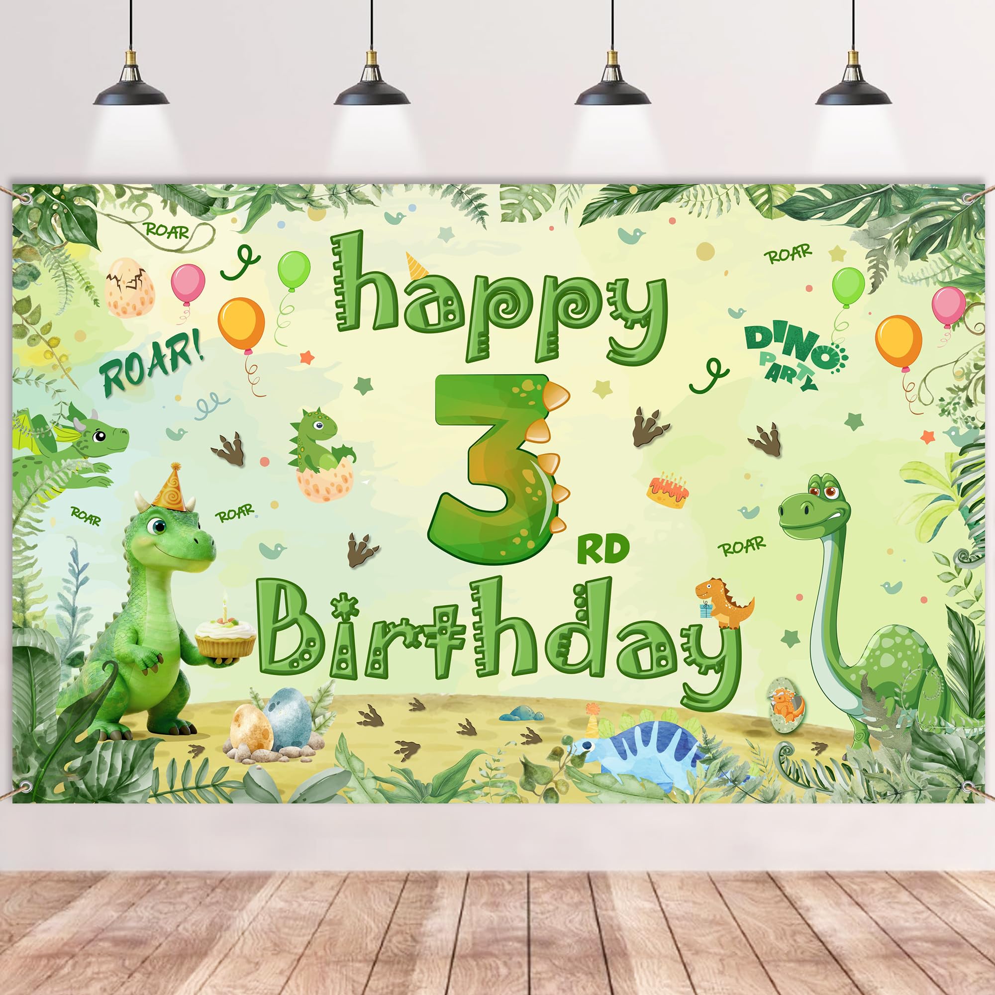 Dinosaur 3rd Birthday Decorations Banner - Green Happy 3rd Birthday Background Banner for Boys (100 X 150 cm), Dino Themed Photography Backdrop Decor for 3 Years Old Kids Jungle Party Supplies