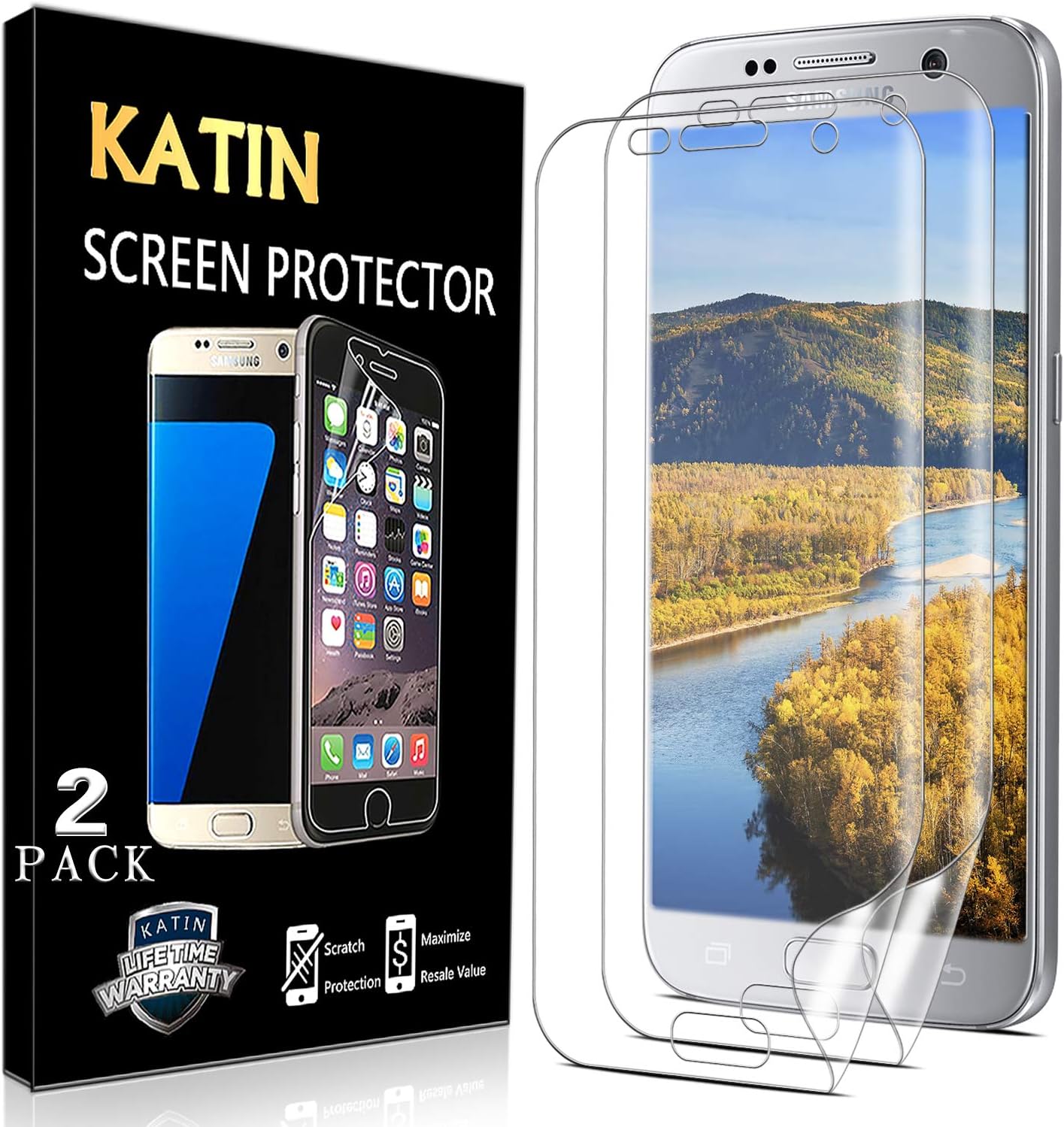 [2-Pack] KATIN For Samsung Galaxy S7 [Full Max Coverage] Screen Protector 3D TPU Full Max Coverage, Case Friendly, Easy to Install, No-Bubble