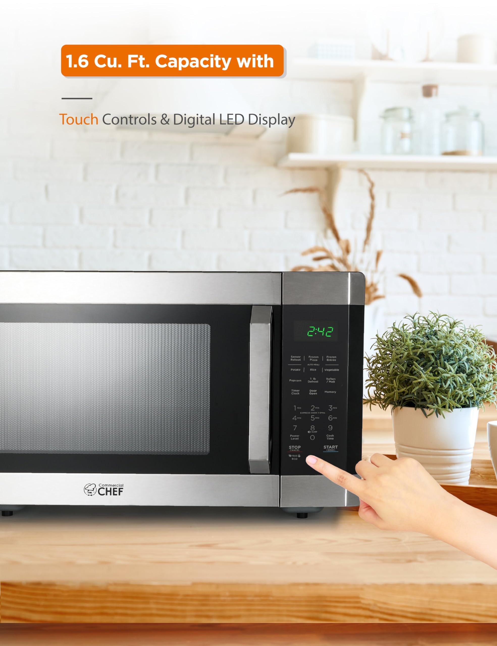 COMMERCIAL CHEF 1.6 Cubic Foot Microwave with 10 Power Levels, Small Microwave with Pull Handle Child Safety Lock, 1100 Watt Microwave with Digital Control Panels,Stainless Steel