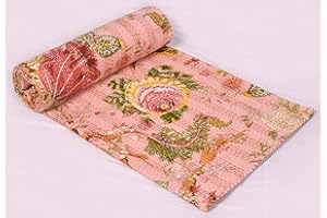 V Vedant Designs Indian Block Floral Print Queen Size Kantha Quilt Kantha Blanket Bed Cover Kantha Bedspread Bohemian Bedding Kantha Blanket (90X108 Inches) (Light Pink 01)