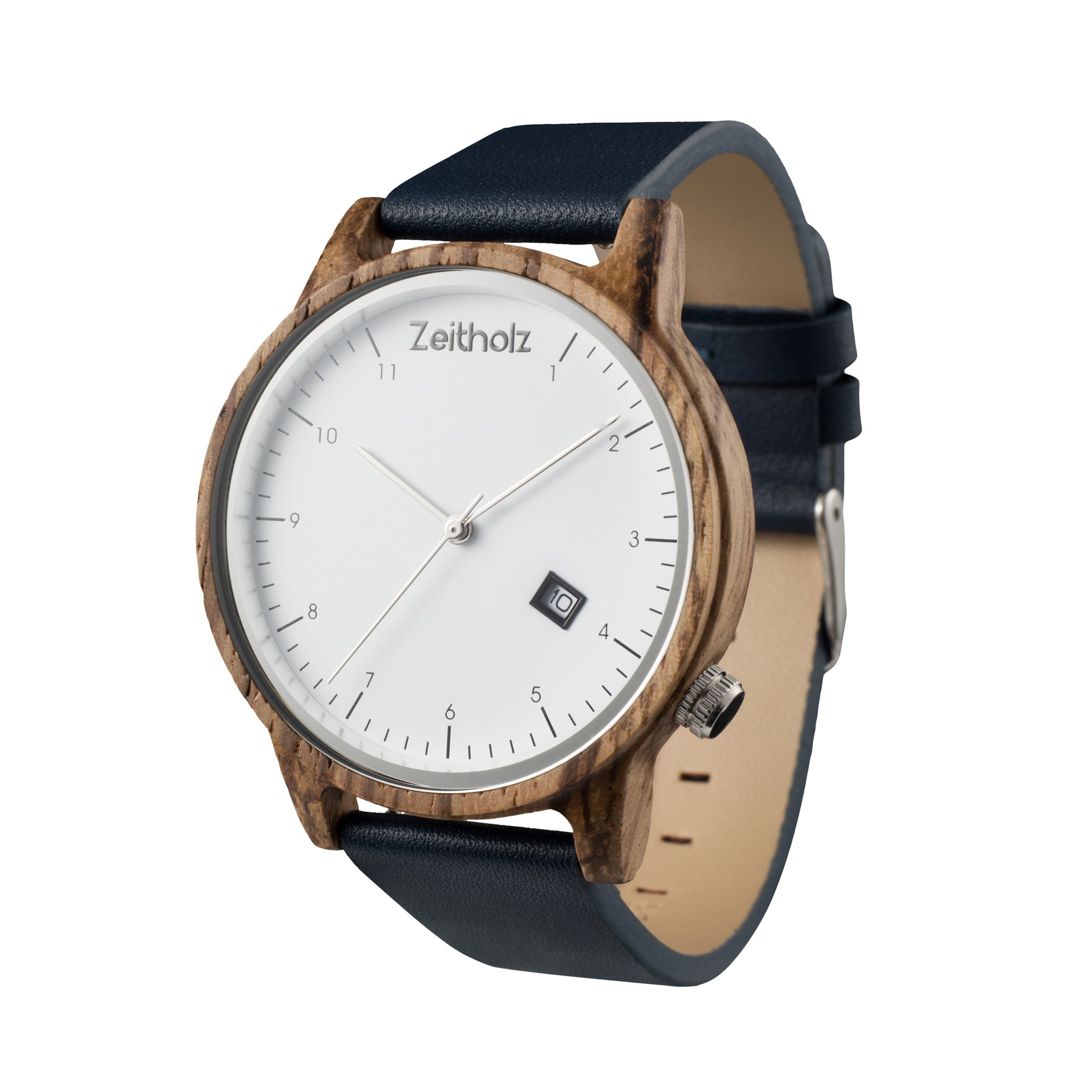 Zeitholz Breitenbrunn wooden watch, blue leather strap, zebrawood housing, date display, sustainable, handmade