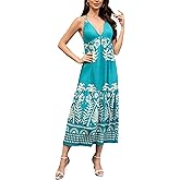 DUKAKII Women's Floral Dress Summer Backless Maxi Dresses Boho Deep V Halter Neck A line Dresses