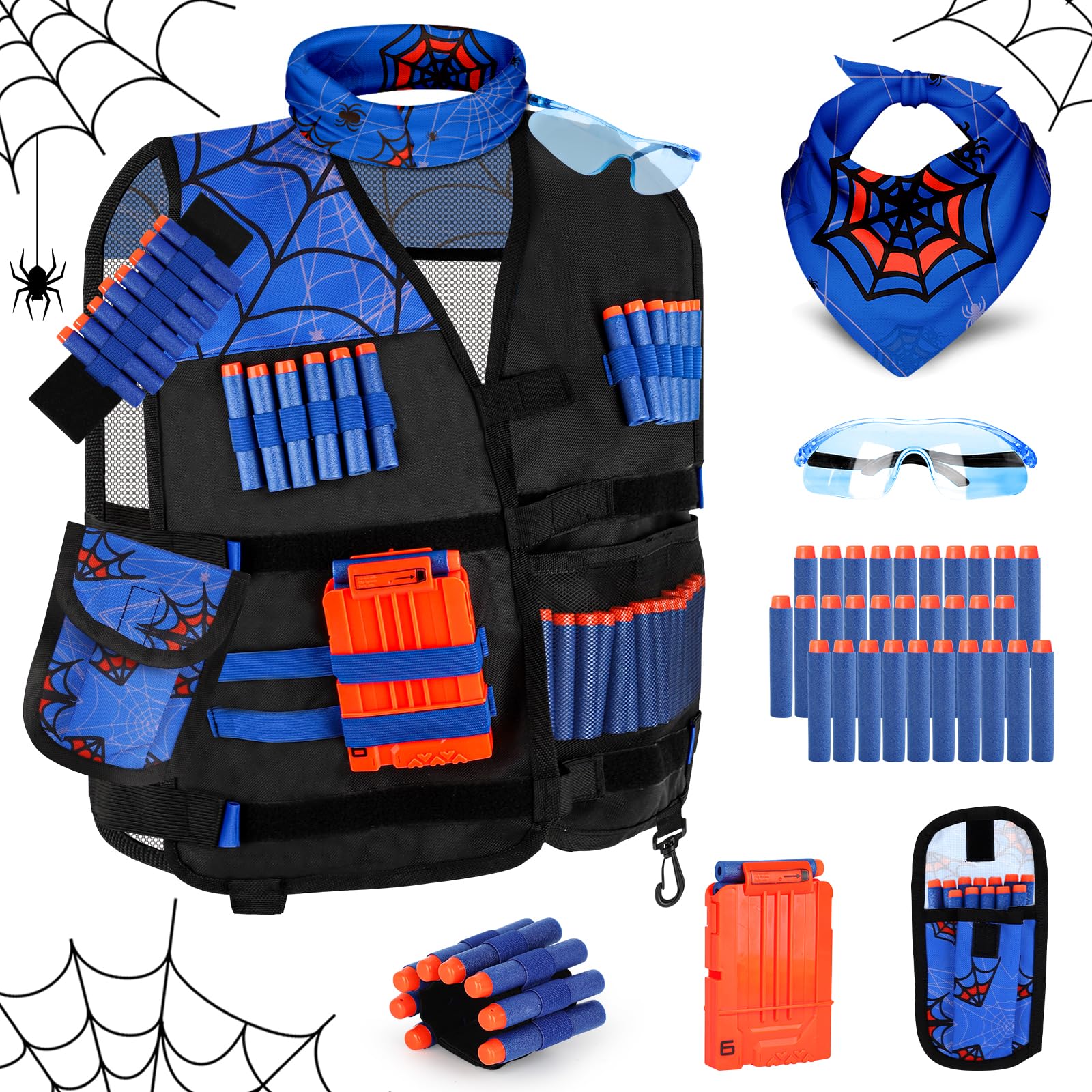 Lehoo Castle Kids Tactical Vest Kit for Nerf Guns, Nerf Vest for Boys Girls with 30 Refill Darts, Dart Pouch,Tactical Mask, Reload Clips(for Spider-Man)