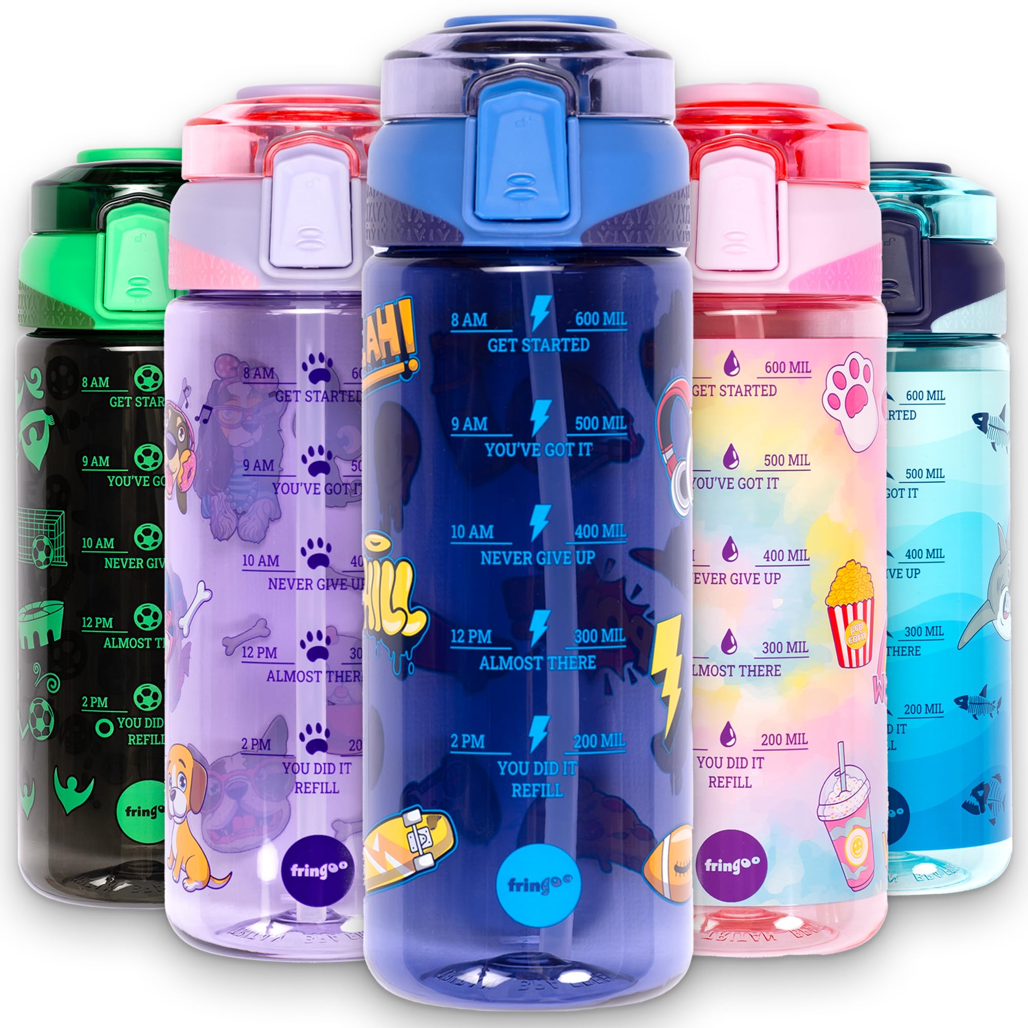 Fringoo - 650ml Kids Water Bottle - Carry Handle 100% Leakproof & BPA Free Tritan Silicon Straw - Secure Flip Lock Lid, Blue Navy Doodles Design