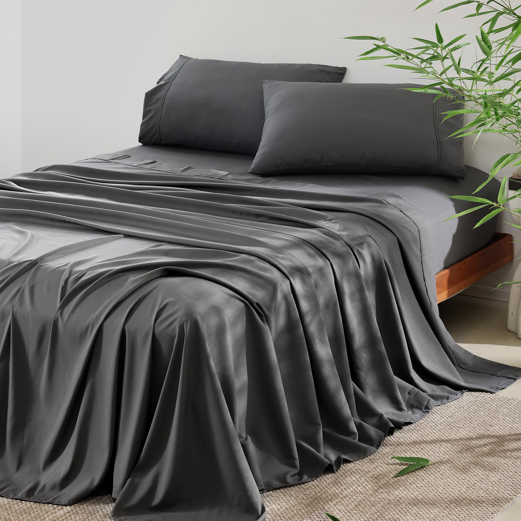 Photo 1 of 4 Piece King Size Sheet - Cooling Bed Sheets Set, Blend Rayon Derived from Bamboo, Breathable Soft Hotel Luxury Bedding & Pillowcases, Silky Fit 16 inch Extra Deep Pocket, Oeko-Tex - Charcoal