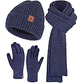 ZASFOU Mens Winter Hat Long Scarf Touchscreen Gloves Knit Set with Warm Fleece Lined Beanie Hats Neck Scaves Gifts for Men