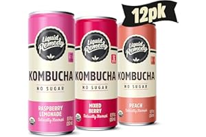 Liquid Remedy Kombucha Sugar Free Organic Drink, Low Calorie, Probiotic Like Tea for Gut Health - Fruity Faves Variety Pack - 8.5 Fl Oz Can, 12-Pack