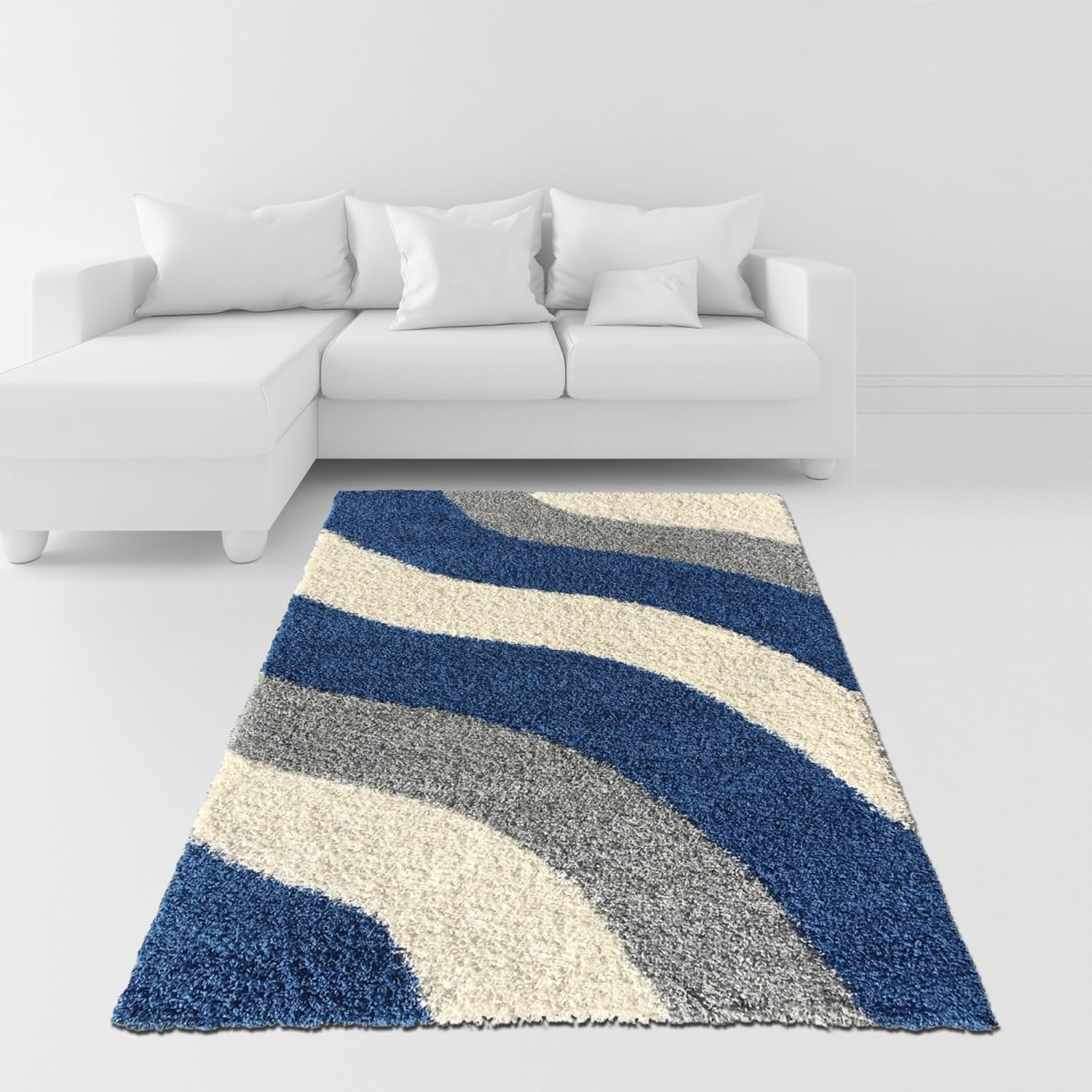 Amazon Soft Shag Area Rug 7x10 Geometric Striped Ivory Blue