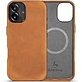 Belemay Compatible with iPhone 16 Plus Leather Case, Compatible with Magsafe, Premium Crazy Horse Leather [Vintage Aesthetic] Comfort Grip, Metal Buttons & Camera Bump Frame, (6.7") Tan Brown