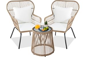 Best Choice Products 3-Piece Patio Conversation Bistro Set, Outdoor All-Weather Wicker Furniture for Porch, Backyard w/ 2 Wide Ergonomic Chairs, Cushions, Glass Top Side Table - Tan