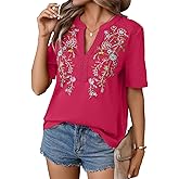 Mexican Shirts for Women Embroidered Tops Traditional Summer Blouse Floral Tunic V Neck Short Sleeve T Shirt