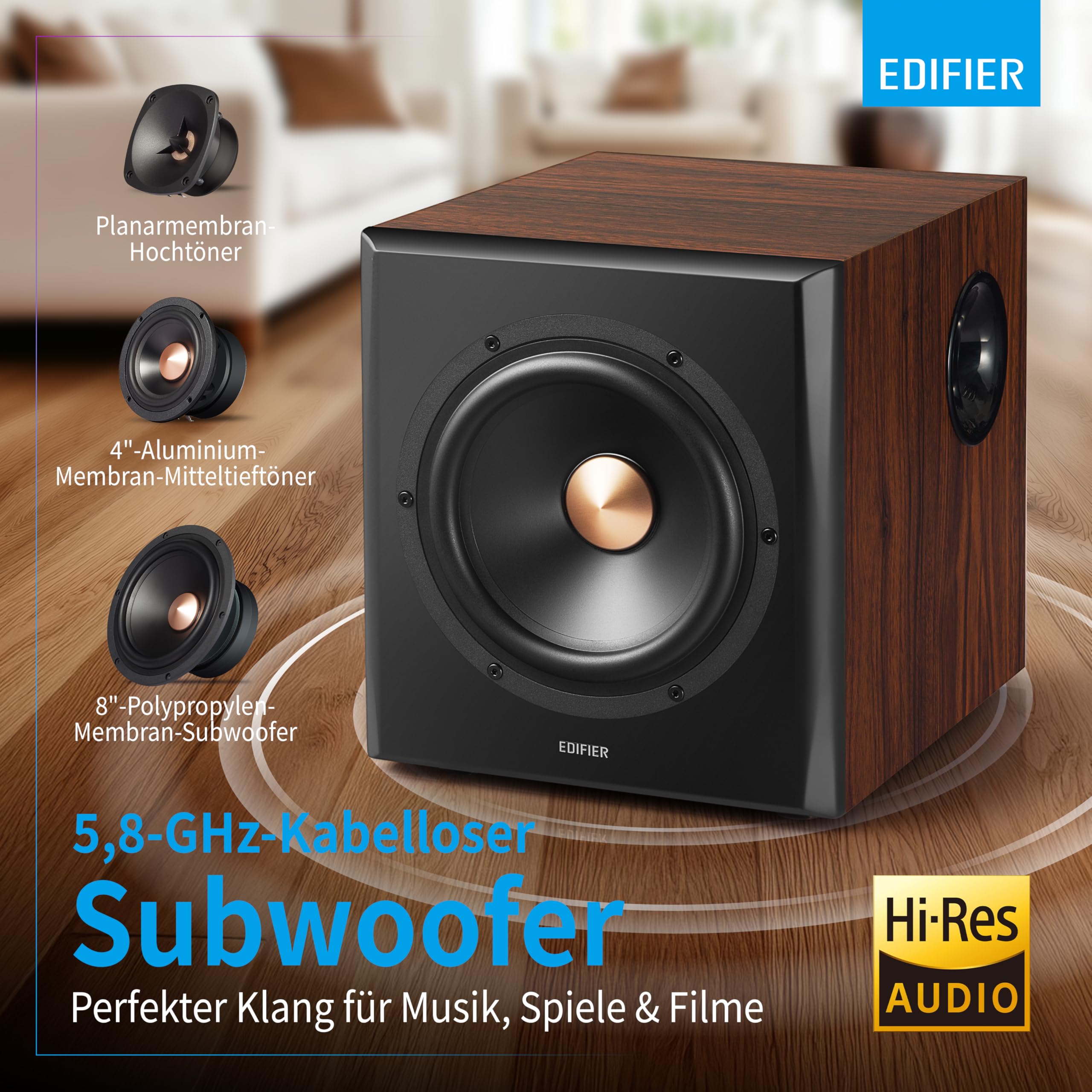 Edifier S360DB 2.1 Regellautsprecher und Subwoofer Lautsprechersystem Bluetooth V5.1 aptX kabelloser Sound für Arbeitszimmer, Wohnzimmer und kleine Räume 7