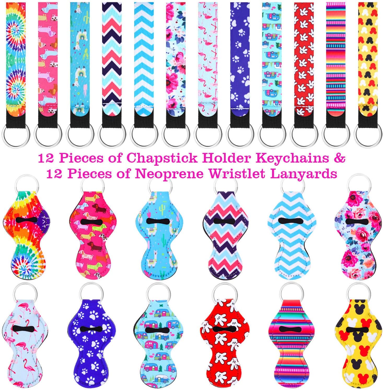 Shynek 24PCs Chapstick Holder Keychain with Wristlet Including 12PCs Lipstick Holder Keychain and 12PCs Neoprene Wristlet Keychain Lanyards, Portable Balm Holders Pouch for Girls Women