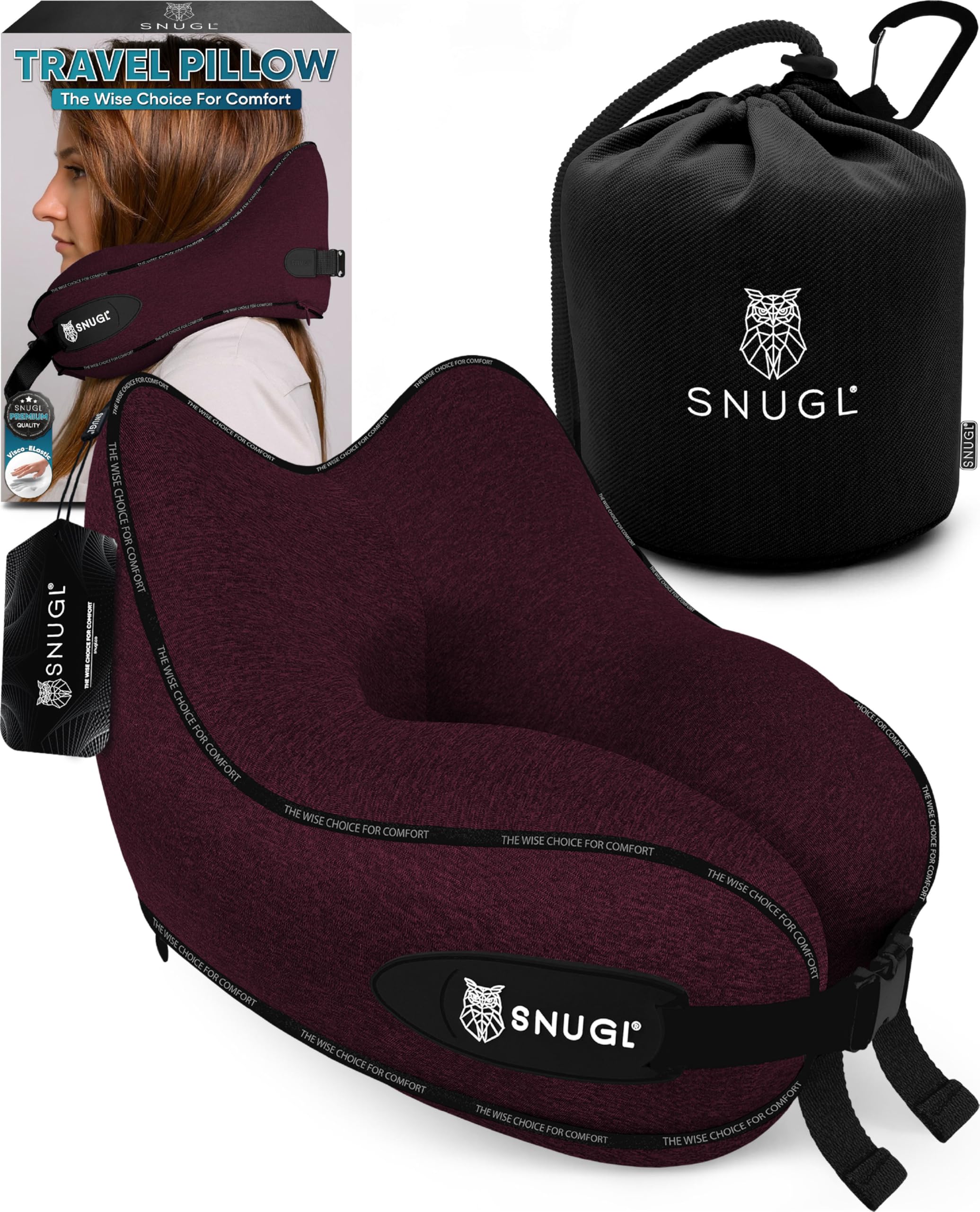 SNUGL Travel Pillow – Memory Foam Neck Pillow for Travel – Support Cushion for Airplane with Carry Bag & Clip - Holiday Essentials (Dark Red - Adult Small)