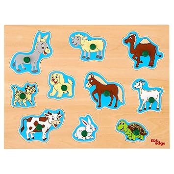 Eduedge Domestic Animals Puzzle. Printed on high Quality Plywood with Child Safe Inks. Smooth Edges and Corners . Pencil Grip knobs.