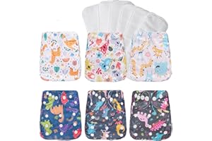 COOLAPEACH Washable Reusable Cloth Diapers for Babies, Adjustable Baby Cloth Diapers Newborn,6 Pack Pocket Diapers with 6Pcs Microfiber Inserts (Dinosaur Giraffe)
