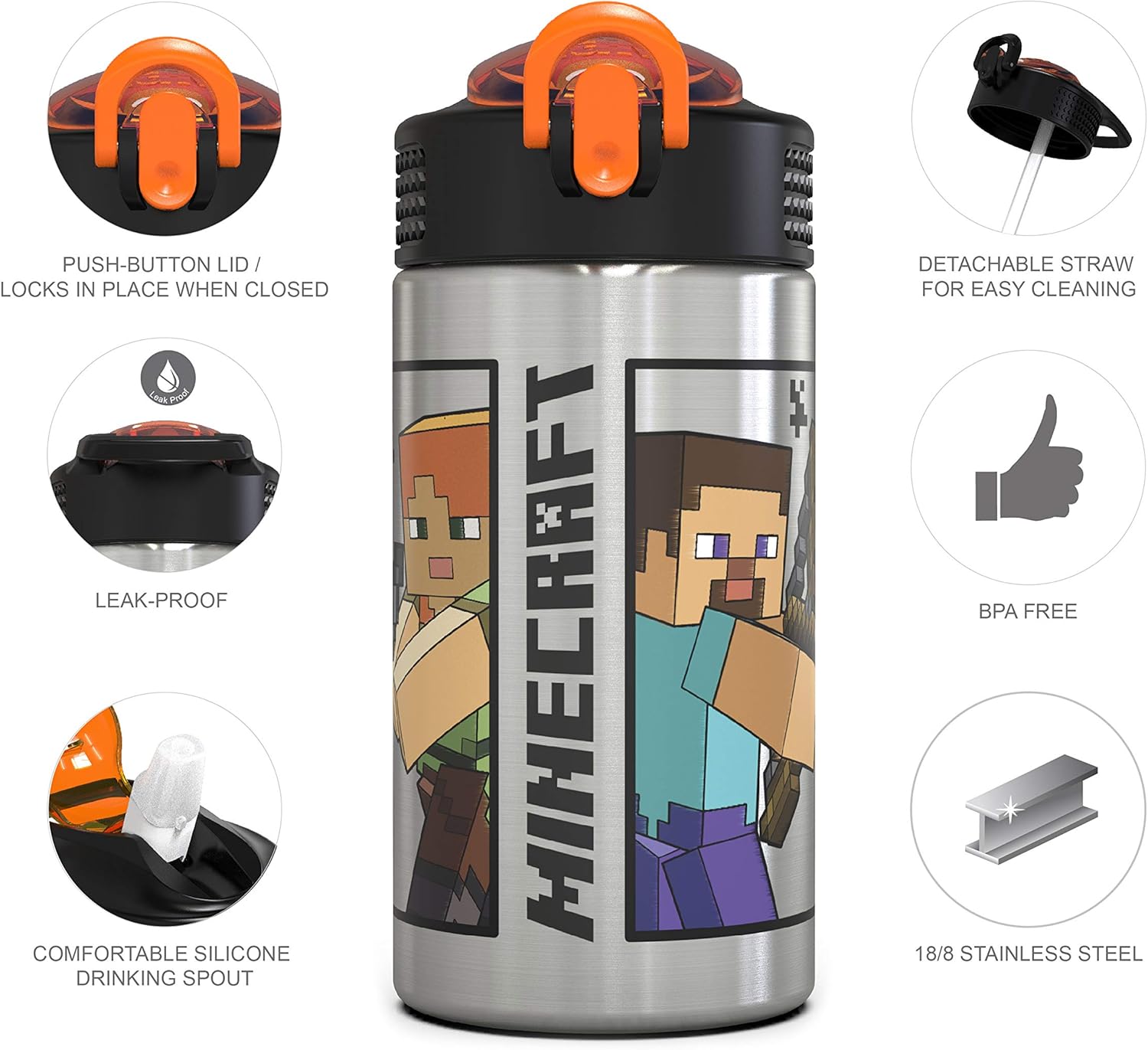 Amazon Com Zak Designs Minecraft Stainless Steel Water Bottle With One Hand Operation Action Lid And Built In Carrying Loop Kids Water Bottle With Straw Spout Is Perfect For Kids 15 5 Oz 18 8