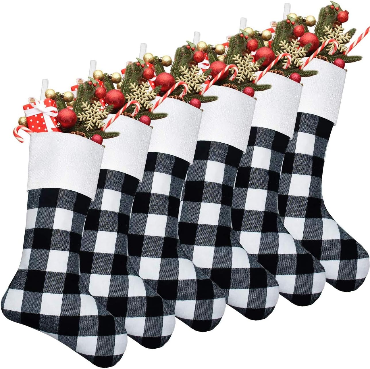 Stockings & Holders - Senneny 6 Pack Christmas Stockings- 18 Inch Black White Buffalo Plaid Christmas Stockings Fireplace Hanging Stockings for Family Christmas Decoration Holiday Season Party Decor