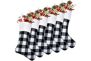 Senneny 6 Pack Christmas Stockings- 18 Inch Black White Buffalo Plaid Christmas Stockings Fireplace Hanging Stockings for Family Christmas Decoration Holiday Season Party Decor