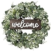 Sggvecsy 16in Artificial Eucalyptus Wreath with Welcome Sign Green Eucalyptus Leaf Wreath Greenery Wreath Round Leaves Wreath for Front Door Wall Window Festival Farmhouse Porch Patio Garden Decor
