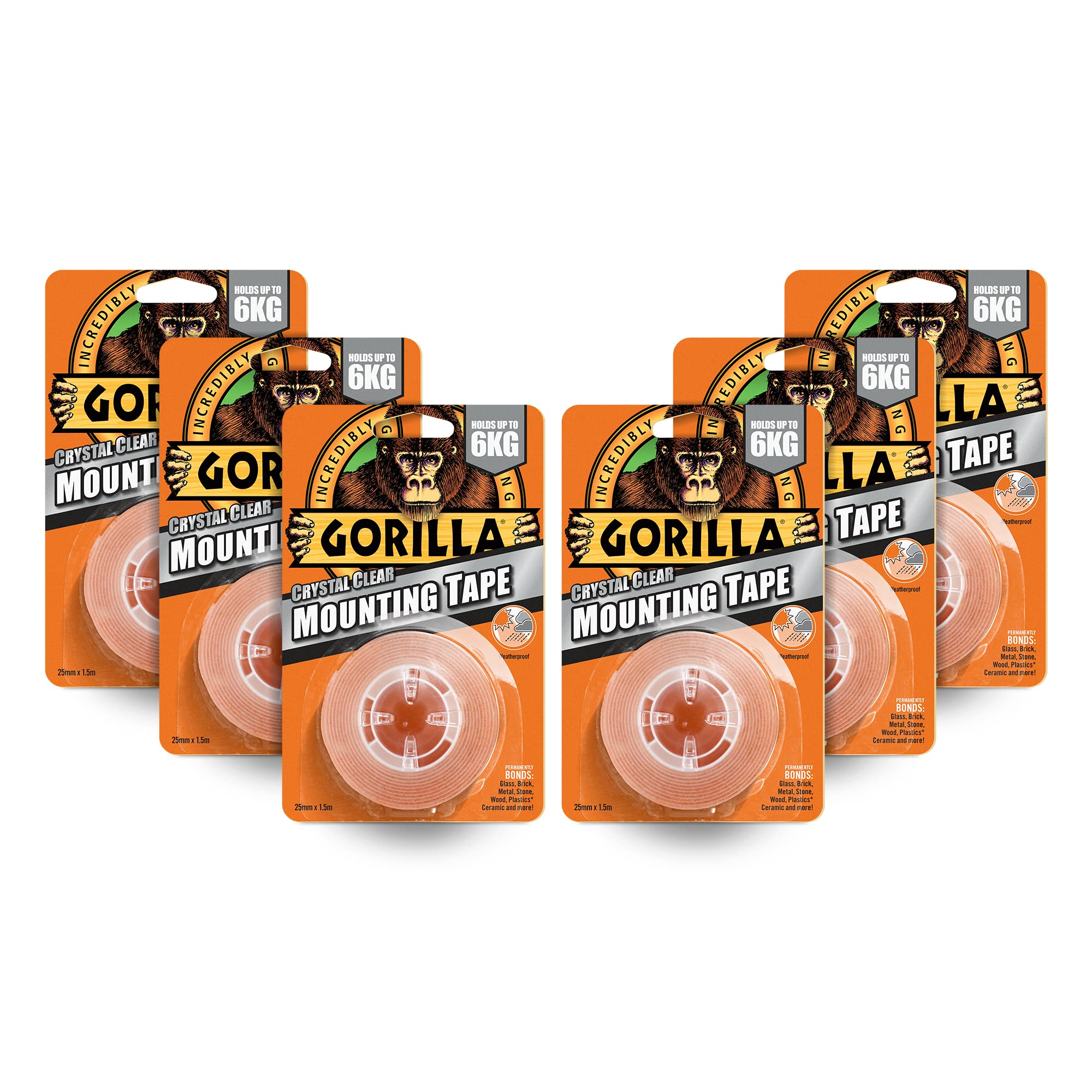 Gorilla Double Sided Mounting Tape Crystal Clear, 1.5m x 25mm – Holds 6KG Per Roll | For Repairs, Crafts & Mounting Objects | Permanently Grips to Rough & Smooth Surfaces | For Indoor & Outdoor,6 Pack
