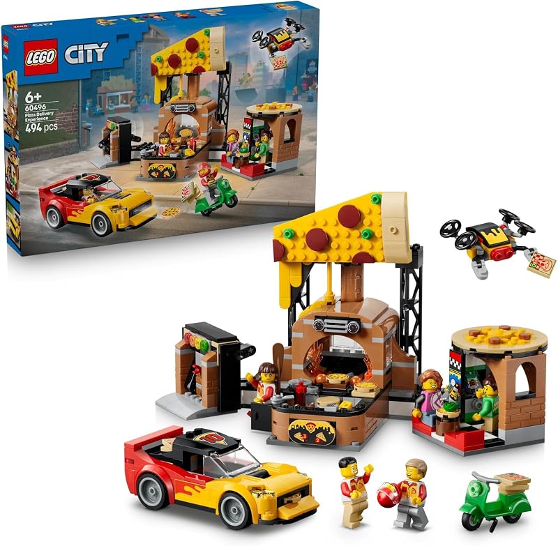City La Pizzeria et Ses Véhicules de Livraison - Jeu de Construction - Jouet Voiture, Scooter, Drone, Borne d’Arcade & 4 Minifigurines - Idée de Cadeau d'anniversaire pour Garçon dès 6 Ans 60496 — photo 1 sur 8