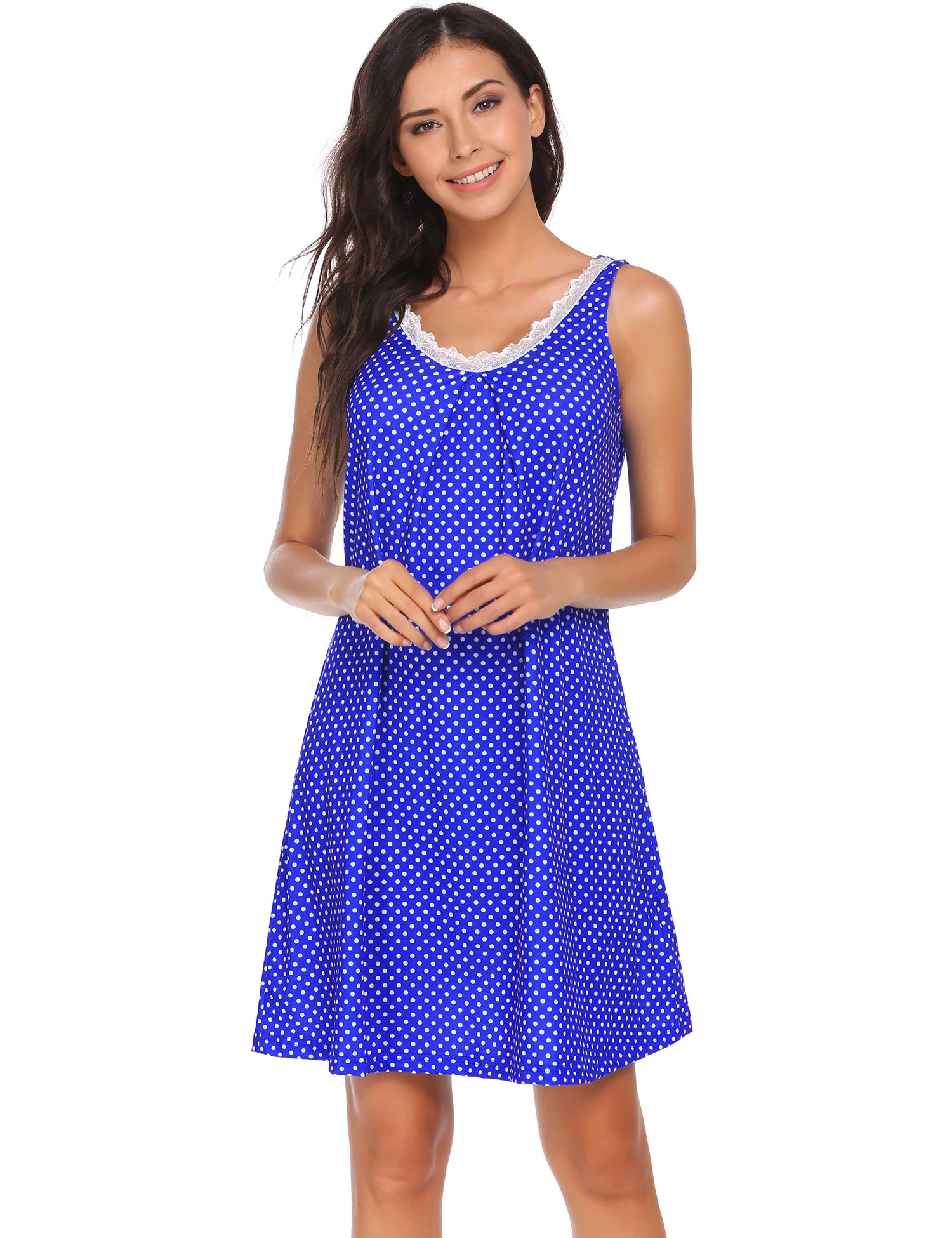 Damen Nachthemd Kleid Baumwolle spitze,6878_Blau,Small