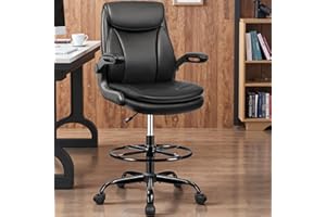 AtHope Drafting Chair Tall Office Chair Leather Executive Office Chair with Adjustable Foot Ring Flip Up Armrest - Comfy Ergonomic Desk Chairs with Lumbar Support for Office Home Studio - Black